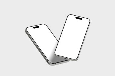 Açık gri arka planda beyaz ekranlı iki modern akıllı telefon. Temiz ve minimal tasarım, teknik veya uygulama modellemeleri için mükemmel..