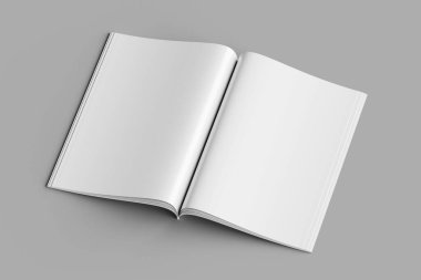 Boş beyaz sayfalı dergi modeli ya da nötr gri arkaplan üzerinde kapak, editoryal tasarımları, düzenleri veya yazdırma içeriğini göstermek için mükemmel.