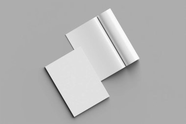 Boş beyaz sayfalı dergi modeli ya da nötr gri arkaplan üzerinde kapak, editoryal tasarımları, düzenleri veya yazdırma içeriğini göstermek için mükemmel.