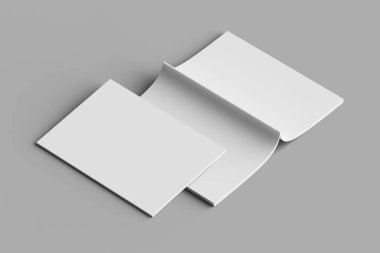 Boş beyaz sayfalı dergi modeli ya da nötr gri arkaplan üzerinde kapak, editoryal tasarımları, düzenleri veya yazdırma içeriğini göstermek için mükemmel.