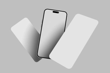 Üst üste binen gri ve beyaz fayanslar üzerine boş ekranı olan modern akıllı telefon modeli, sosyal medya içeriği için ideal.