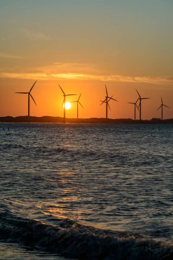 Rüzgar enerjisi. 1 Temmuz 2024 'te Brezilya' nın Icarai de Amontada plajında rüzgar enerjisi çiftliğinin arkasında güneş batıyor..