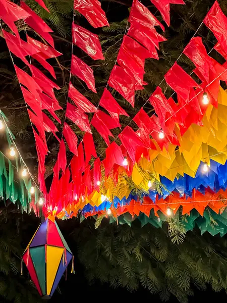 stock image Decorative balloons and colorful flags on the street which takes place in June in northeastern Brazil