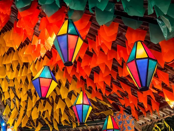 stock image Decorative balloons and colorful flags on the street which takes place in June in northeastern Brazil