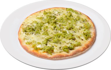 - Pizza. Beyaz tabaktaki küçük brokoli pizzası şeffaf arka planda izole edilmiş.