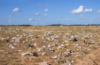 Kırsala saçılmış plastik torbalı çöpler. Sape, Paraiba, Brezilya