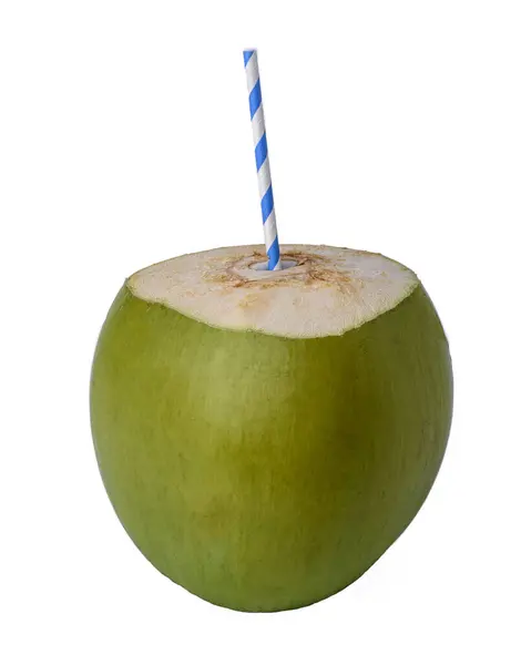 stock image Green coconut with colored paper straw isolated on white background.