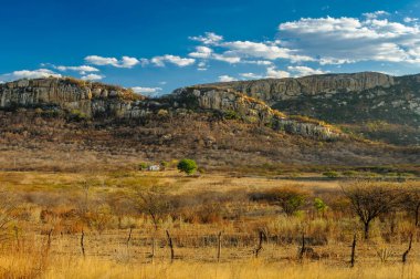19 Ekim 2008 'de Catingueira, Paraiba, Brezilya' da arka planda kayalık uçurumlar bulunan Caatinga biyomunun bitkilerinin ortasında küçük beyaz bir ev.