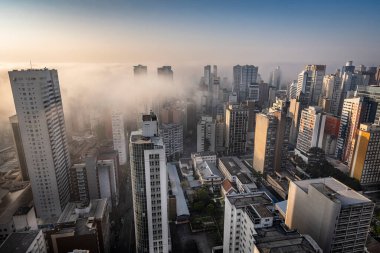 Curitiba, Parana, Brezilya, 22 Eylül 2024 'te şafak vakti şehir merkezi binaları sisli ve dumanlı.