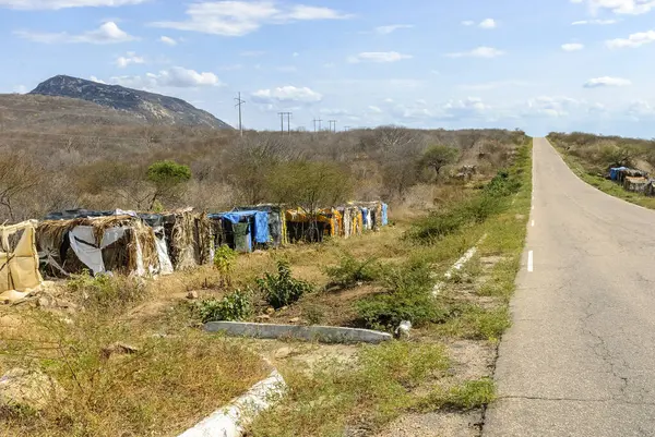 Cajazeirinhas, Paraiba, Brezilya 'daki yol boyunca doğaçlama kulübeleri olan MST Kırsal yerleşim yeri.