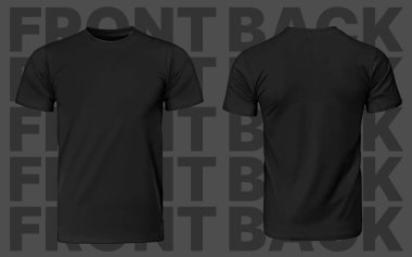 Tshirt Siyah Adamlar, Şablon Gömlek Önü Arkası İzole edilmiş Boş Erkek Modeli, Renkli Gerçek Giysiler. Vektör illüstrasyonu