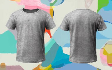 Man Blank T-shirt Mockup, Clean Unisex Moda Shirt, Men Grey Tshirt Kıyafet Şablonu, Realistik Yazı Tipi Arka 3D Kıyafetler, Renkli Arka plan Erkek Kumaşı. Vektör illüstrasyonu