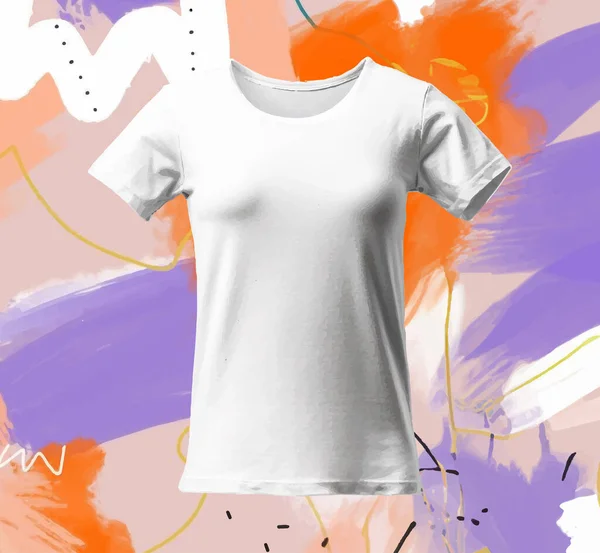 Kadın Boş Tişört Modeli, Temiz Beyaz Üniseks Moda Gömleği, Kadın Gri Tişört Kıyafeti Şablonu, Renkli Arka Yazı Tipi 3 boyutlu Kıyafetler, Kadın Kumaşı. Vektör illüstrasyonu