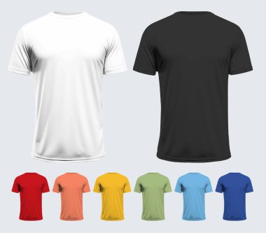 Man Tshirt Mockup, Unisex Moda İllüstrasyon Kıyafetleri, Men Blank T-Shirt Şablonu, Renkli Arkaplanda Gerçekçi Yazı Tipi 3 boyutlu Erkek Gömleği. Vektör illüstrasyonu
