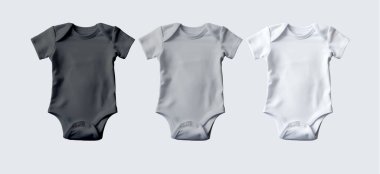 Yeni doğanlar için kıyafetler, bebek mankenleri, bir beden bebek kıyafetleri, boş çocuk tulumları, gri arka planda bebek kıyafetleri. Vektör illüstrasyonu