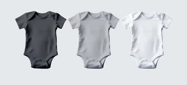 Yeni doğanlar için kıyafetler, bebek mankenleri, bir beden bebek kıyafetleri, boş çocuk tulumları, gri arka planda bebek kıyafetleri. Vektör illüstrasyonu
