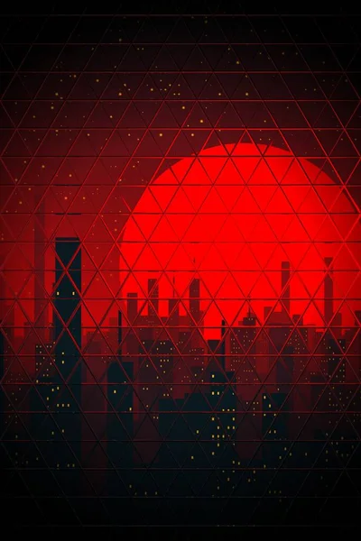Colorato Rosso Scarlatto Distorto Futuristica Silhouette Paesaggio Urbano — Foto Stock