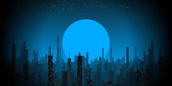 Raz Błękitnym Księżycu Futurystyczna Panorama Miasta Przeciwko Dramatycznemu Niebu — Zdjęcie stockowe