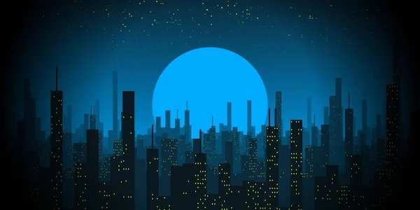 Raz Błękitnym Księżycu Futurystyczna Panorama Miasta Przeciwko Dramatycznemu Niebu — Zdjęcie stockowe