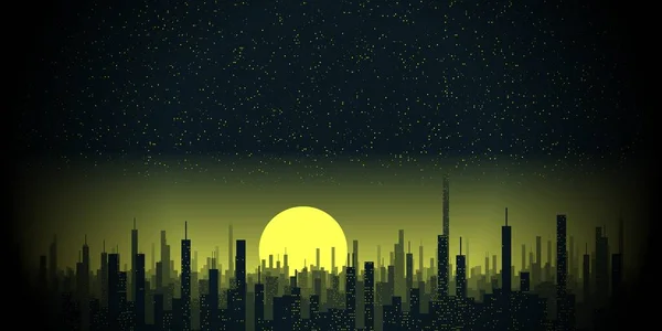 Żółty Księżyc Futurystyczna Panorama Miasta Przeciwko Dramatycznemu Niebu — Zdjęcie stockowe