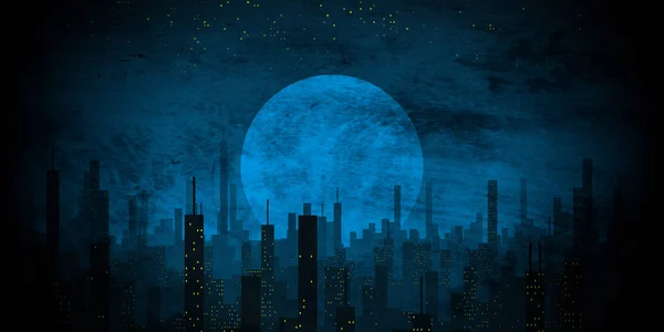蓝月亮中的一次 一个未来派城市的天际线映衬着一个戏剧性的天空 — 图库照片