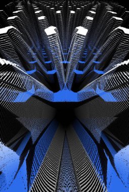 Siyah arkaplanda mavi beyaz gri desen ve 3D illüstrasyon tasarımı