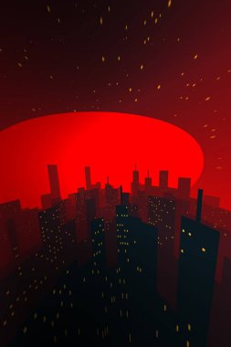 Şablon ve tasarım şehir gökdelenlerinden esinlenerek canlı kırmızı bir aya karşı siluette