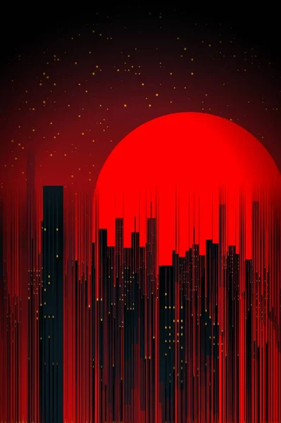 Pattern Design Inspired City Skyscrapers Silhouette Vivid Red Moon — Stock Photo, Image