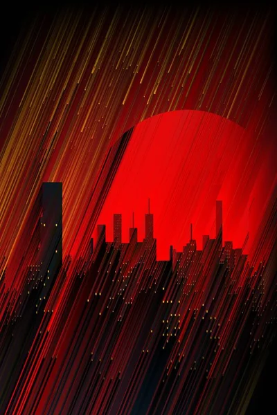 Візерунок Дизайн Натхненні Міськими Хмарочосами Силуеті Тлі Яскраво Червоного Місяця — стокове фото