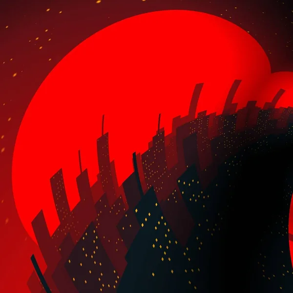 城市摩天大楼在鲜红的月亮映衬下的轮廓和设计 — 图库照片