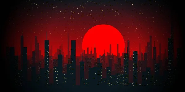 城市摩天大楼在鲜红的月亮映衬下的轮廓和设计 — 图库照片