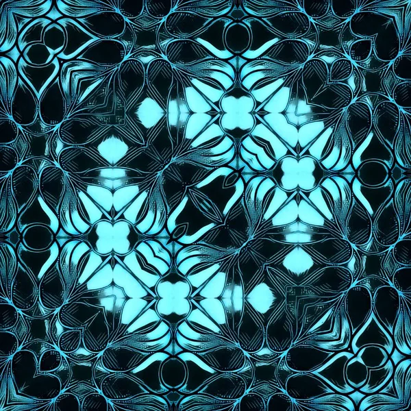 Kaleidoskopické Květinové Fantazie Vzor Design Řadě Tyrkysové Světle Jasně Modré — Stock fotografie