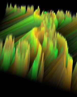 Zümrüt ve parlak yeşil de dahil olmak üzere sonbahar yaprağı renkleri siyah arka planda sıcak kahverengi ile tamamlanmış üç boyutlu bir illüstrasyon.