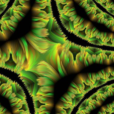 Zümrüt ve parlak yeşil de dahil olmak üzere sonbahar yaprağı renkleri siyah arka planda sıcak kahverengi ile tamamlanmış üç boyutlu bir illüstrasyon.