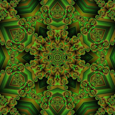 Zümrüt ve parlak yeşil de dahil olmak üzere sonbahar yaprağı renkleri siyah arka planda sıcak kahverengi ile tamamlanmış üç boyutlu bir illüstrasyon.