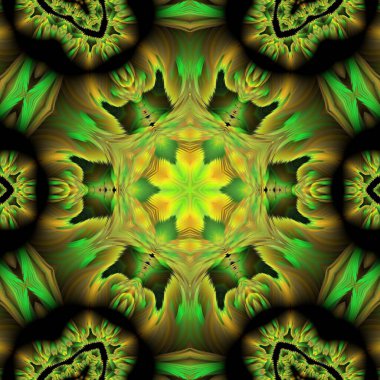 Zümrüt ve parlak yeşil de dahil olmak üzere sonbahar yaprağı renkleri siyah arka planda sıcak kahverengi ile tamamlanmış üç boyutlu bir illüstrasyon.