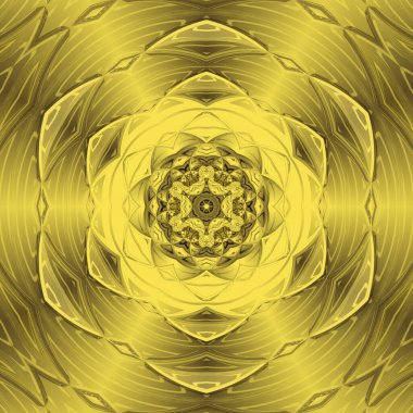Parlak, sarı, altıgen, kaleydoskopik, çiçekli fantezi deseni ve tasarımı