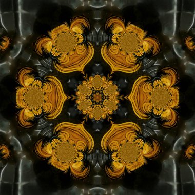 Sarı altın çiçekli fantezi siyah arka planda altıgen desen