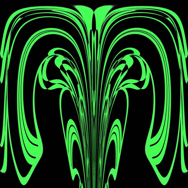 Jasny Neon Zielony Kompleks Symetryczny Kształt Zakrzywiony Wzór Czarnym Tle — Zdjęcie stockowe