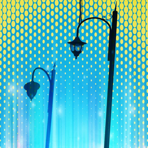創造的なハーフトーン効果で影と街灯青と金とボケの層のテクスチャの明るい色 — ストック写真