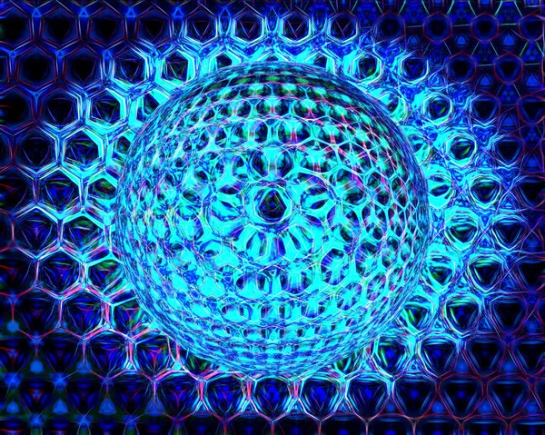 霓虹灯生动的蓝绿色和蓝色镶嵌在三维球体上 — 图库照片