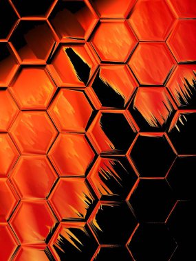 Mozaik varyasyon tasarımında benzer ama farklı altıgen şekilli karoları olan canlı kırmızı turuncu ve siyah