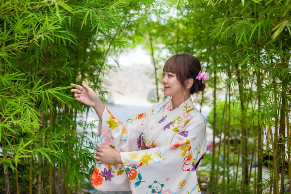 Mladá Žena Nosí Tradiční Japonské Kimono Nebo Yukata Stojí Zahradě — Stock fotografie