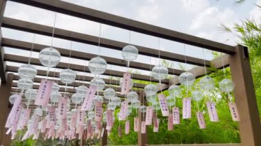 Bambu korusunda asılı çeşitli Japon dua plakları