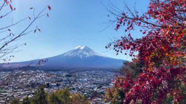 Fuji Dağı, Japonya 'nın Yamanashi kentindeki Kawaguchiko Gölü' nde karla kaplı güzel sonbahar yapraklarının manzarası popüler bir turizm beldesidir..