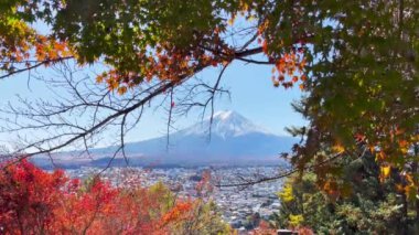 Fuji Dağı, Japonya 'nın Yamanashi kentindeki Kawaguchiko Gölü' nde karla kaplı güzel sonbahar yapraklarının manzarası popüler bir turizm beldesidir..