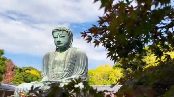 Великий Будда Дайбуцу Вид Сквозь Осенние Листья Является Ланмаком Священное — стоковое видео