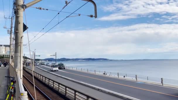 Канава Ноябрь 2023 Железнодорожные Морские Дороги Городе Камакура Станции Камакура — стоковое видео