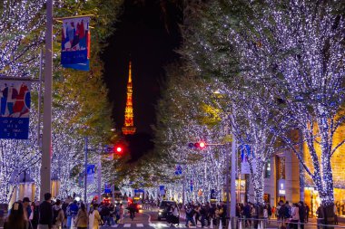 Tokyo, Japonya - 15 Kasım 2023: Roppongi Hills 'deki kalabalık geleneksel Noel festivalini kutlamak için ışıklar ve Tokyo kulesiyle dekore ediyorlar.
