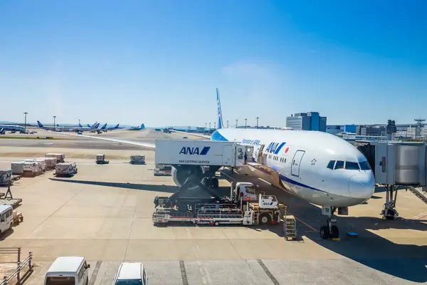 stock image TOKYO, JAPAN - April 10, 2024 : ANA or All Nippon Airways Airlines is Japan national airline plane stops and prepares to receive passengers of Haneda Airport on a Boeing 787-9 aircraft.